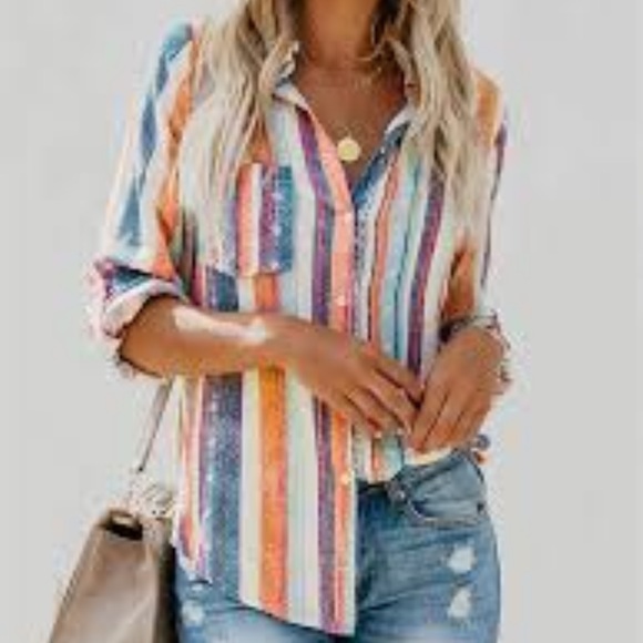 Striped Tribal Aztec Multicolor Button Shirt Blouse - Picture 2 of 8